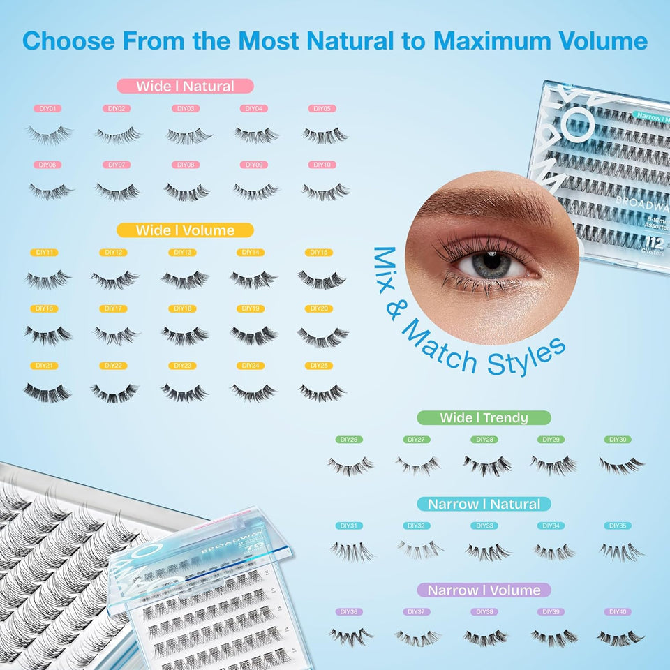 Broadway Lash Clusters, 9-16mm Assorted Trendy False Eyelashes, Customizable DIY Individual Lash Extensions for Beginners, Lightweight & Comfortable Wide Band, Great for Everyday Glam