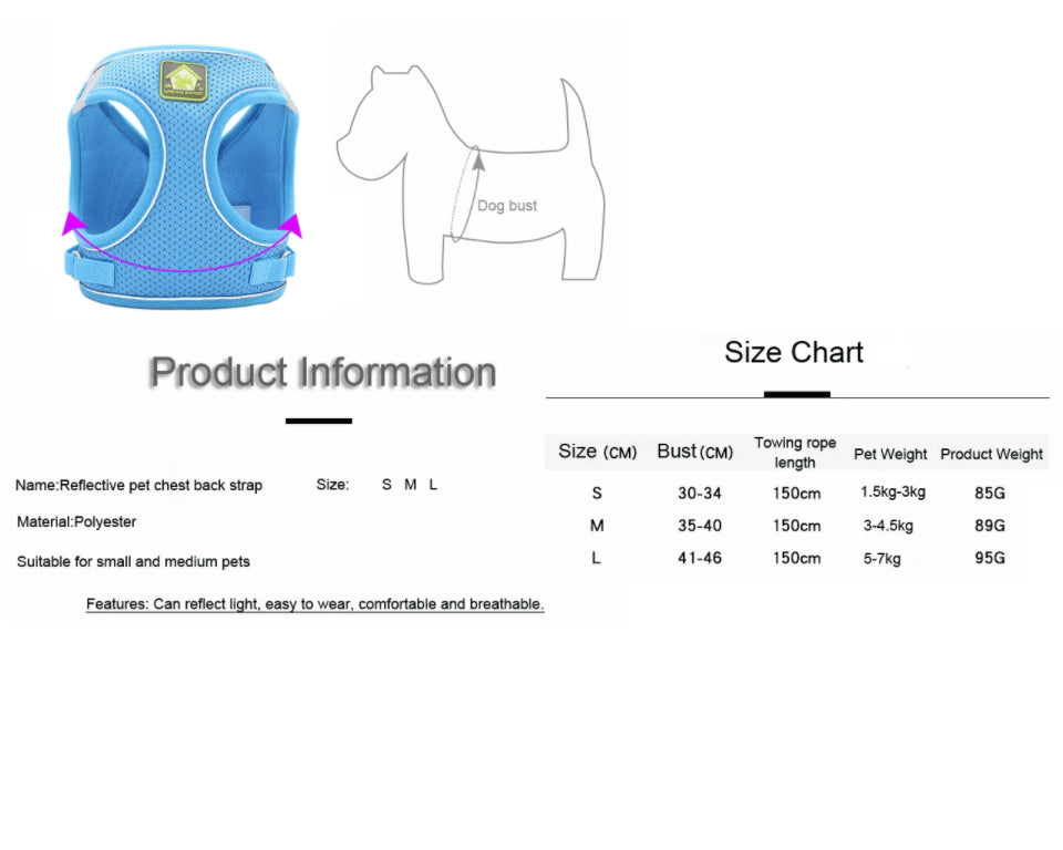 Dog Cat Harness and Leash Set No-Pull Breathable Soft Mesh Puppy Vest Harness Reflective Adjustable Pet Harnesses for Dogs and Cats
