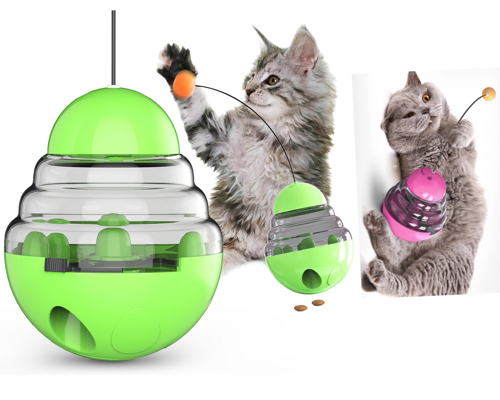 Cat Slow Feeder Toy - Funny Tumbler Style, IQ Traning Interactive Treat Toy  with Dual Rolling Balls and Detachable Wand 